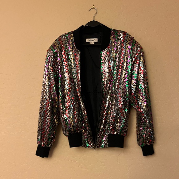 Mighty Retro/Vintage Metallic Silver Bomber Jacket with Multi-Colour Sequins - Picture 11 of 16